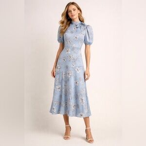 ML Monique Lhuillier Blue Floral Puff Sleeve Midi Dress Size 4 – Screen Worn TV